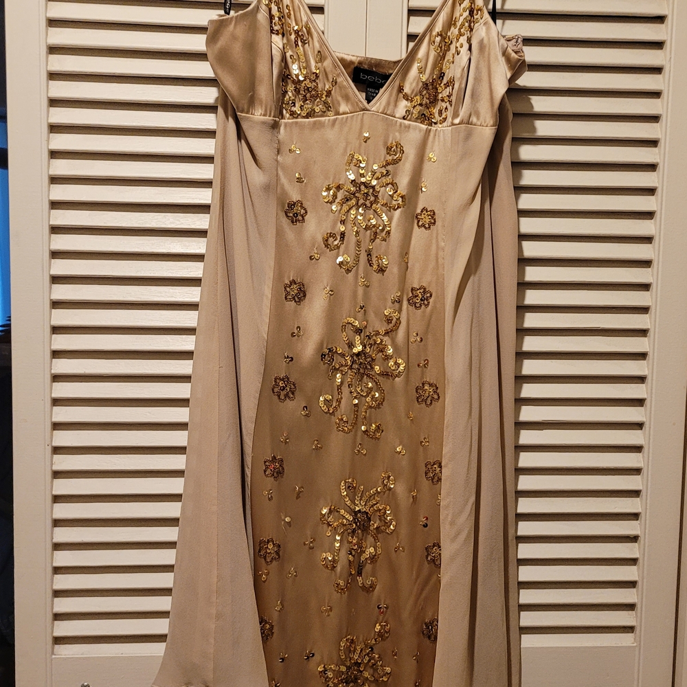 Bebe Sequin Embellished Tan and Cream Midi Gown
